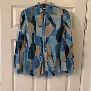 J. McLaughlin Blue and Tan Abstract Shirt